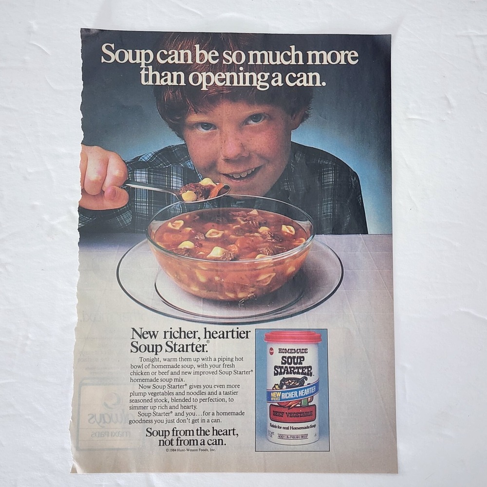 Vintage 1985 Homemade Soup Starter Print Ad Boy Eating Clipping 8x11